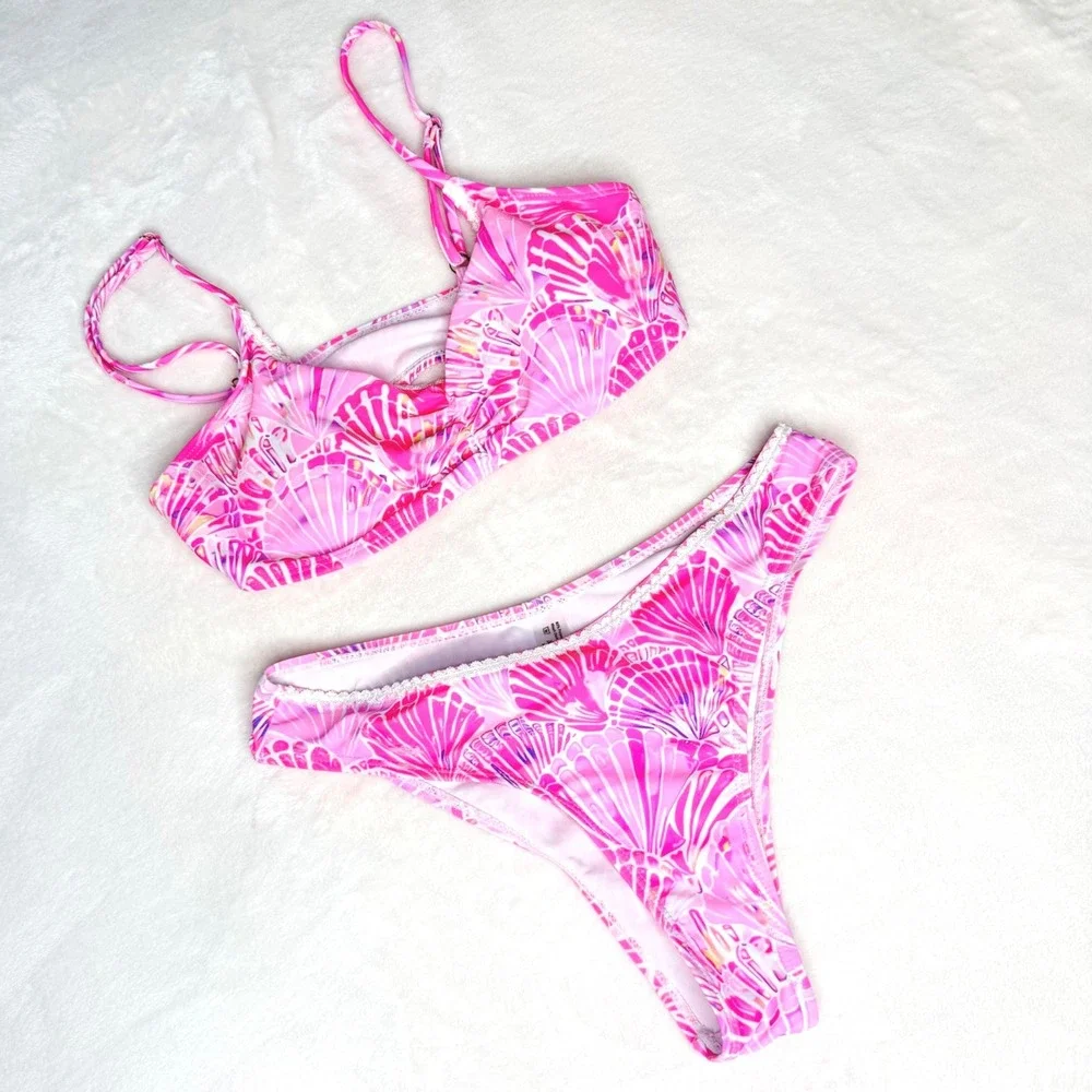 Pink‎ Shell Print Bikini Set XS Cutout Bandeau 2 Piece Swimwear Beach